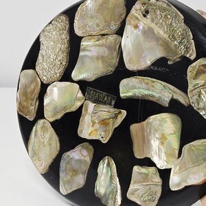 Vtg Hawaii 1960's 8" Round Lucite Trivet Abalone Seashells Inside Black & Clear